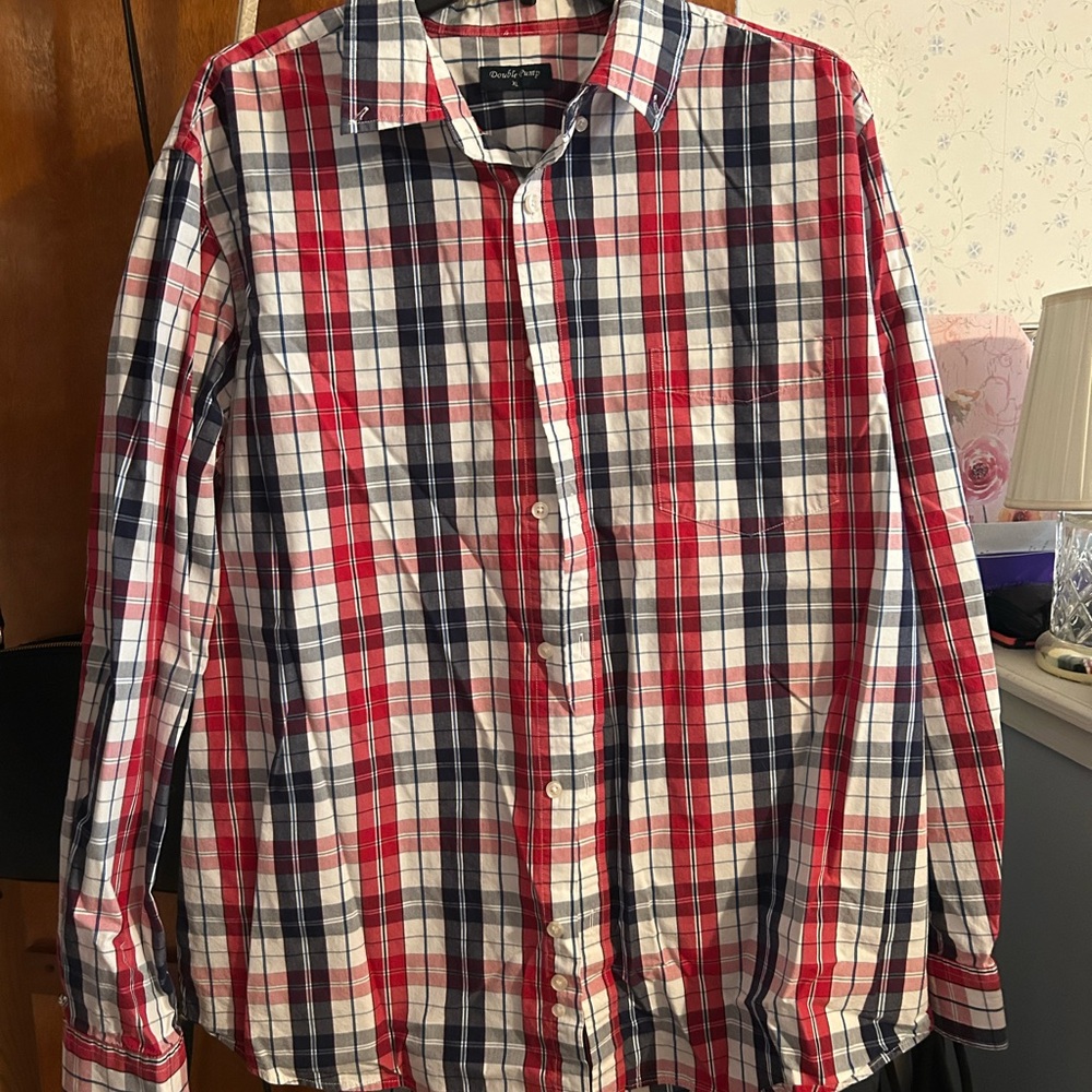 Red, Navy & White Plaid Button-Down Shirt